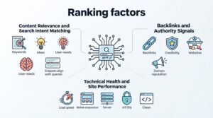 B2B educational infographic titled 'Ranking factors' detailing Content Relevance and Search Intent Matching, Backlinks and Authority Signals, and Technical Health and Site Performance around a central algorithm microchip search engine hub