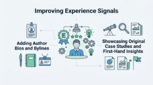 B2B technical educational infographic titled 'Improving Experience Signals' detailing author bios and bylines on the left and showcasing original case studies and first-hand insights on the right, centered around a verified 'E' emblem and expert profile hub