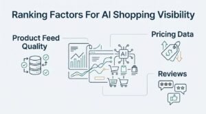 Infographic on ranking factors for AI shopping visibility, detailing product feed quality, pricing data, and reviews.