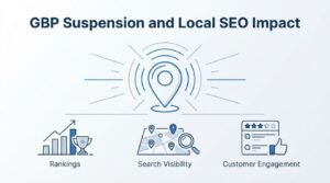 Infographic detailing the impact of Google Business Profile suspensions on local SEO, highlighting drops in rankings, search visibility, and customer engagement metrics with central pin and graph illustrations.