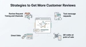 Infographic on strategies to get more customer reviews, detailing review request timing and channels, text message requests, direct links, and QR codes at point of sale.