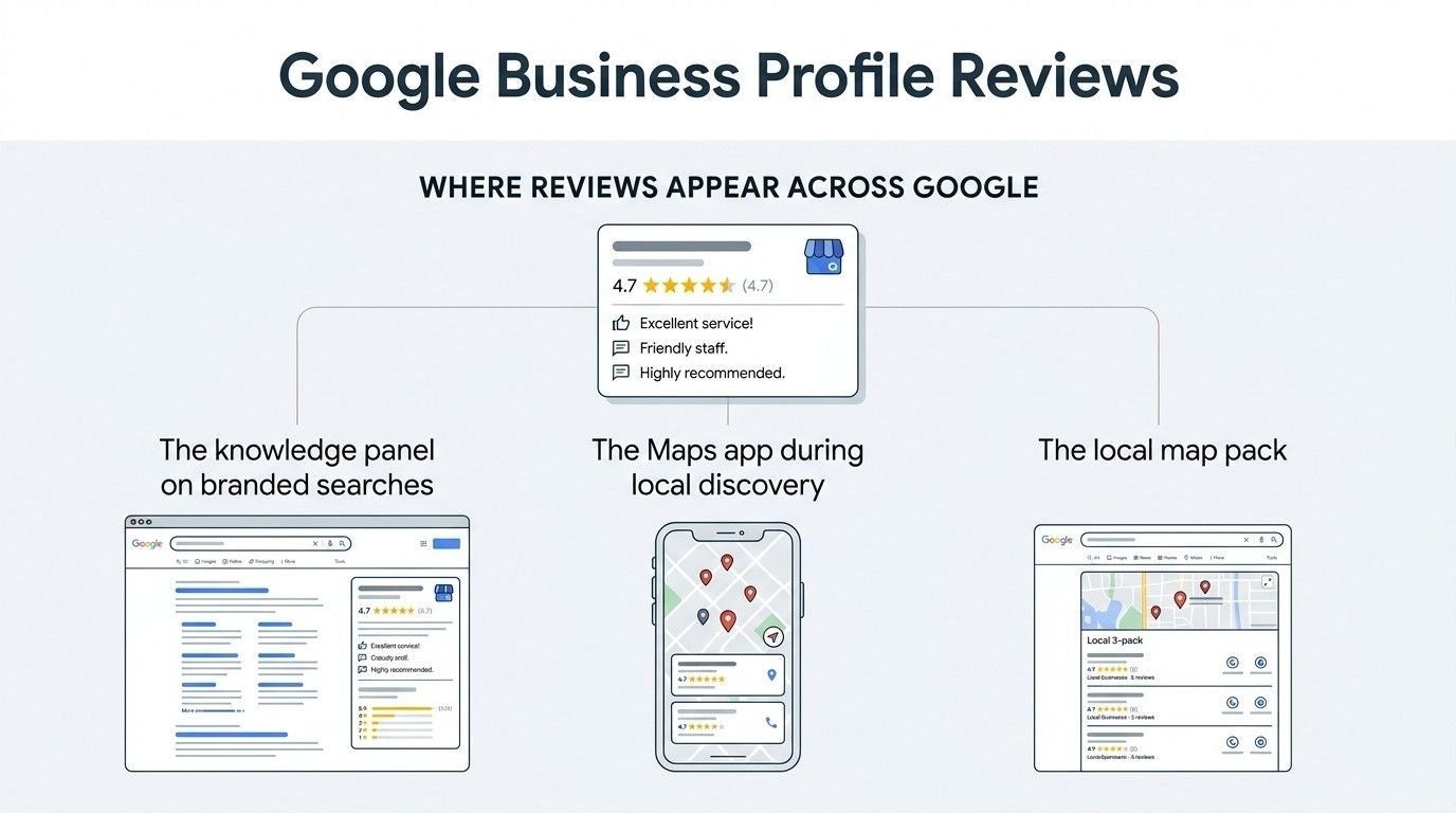 Infographic on Google Business Profile reviews, detailing where reviews appear across Google including the knowledge panel on branded searches, the Maps app during local discovery, and the local map pack.