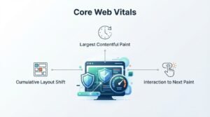 B2B technical educational infographic titled 'Core Web Vitals' illustrating the three user experience performance metrics-Largest Contentful Paint (LCP), Interaction to Next Paint (INP), and Cumulative Layout Shift (CLS)-centered around a desktop monitor display featuring security shields and a high-speed performance speedometer gauge