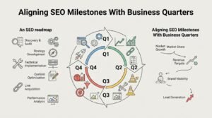 B2B corporate infographic titled 'Aligning SEO Milestones With Business Quarters' mapping out a four-quarter circular roadmap connecting tactical SEO deliverables to macro revenue targets, market share growth, brand visibility, and lead generation