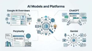 Infographic on AI models and platforms, detailing Google AI Overviews, ChatGPT, Perplexity, and Gemini.