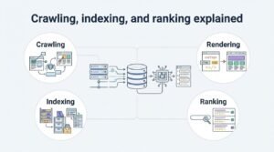 Infographic explaining crawling, indexing, and ranking, detailing crawling, indexing, rendering, and ranking stages for search engine optimization