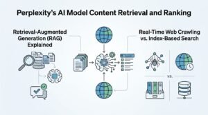 Infographic on Perplexity's AI model content retrieval and ranking, detailing Retrieval-Augmented Generation (RAG) explained, and real-time web crawling vs. index-based search.
