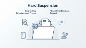Infographic detailing hard suspension and business profile recovery, illustrating the step-by-step reinstatement process and filing a reinstatement request with documents, checklists, and support icons.
