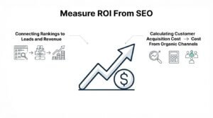 Infographic on how to measure ROI from SEO, detailing connecting rankings to leads and revenue, and calculating customer acquisition cost from organic channels.