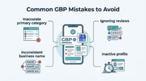 Infographic titled 'Common GBP Mistakes to Avoid' illustrating four key errors: inaccurate primary category, inconsistent business name, ignoring reviews, and inactive profile surrounding a central smartphone interface.