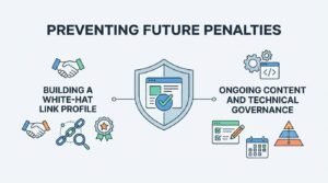 Infographic titled 'Preventing Future Penalties' illustrating building a white-hat link profile on the left and ongoing content and technical governance on the right, surrounding a central shield icon with a verified browser window.
