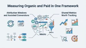 B2B marketing analytics infographic titled 'Measuring Organic and Paid in One Framework' detailing multi-touch attribution windows, assisted conversions, and unified search performance metrics around a central analytics dashboard engine