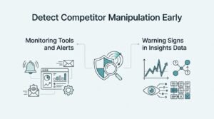 Line art illustration titled "Detect Competitor Manipulation Early" featuring two main sections split by a central shield and magnifying glass icon: "Monitoring Tools and Alerts" displaying a dashboard, notification bell, email icon, and gear; and "Warning Signs in Insights Data" displaying an erratic line graph, network nodes with question marks, an eye icon, and checkboxes.