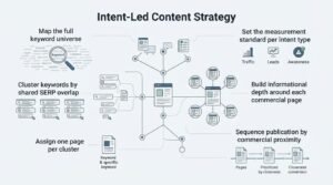 B2B educational technical infographic titled 'Intent-Led Content Strategy' illustrating a six-stage content architecture lifecycle-from mapping keyword universes and SERP clustering to measurement standards, topical depth, and publication sequencing-around an interconnected website wireframe node network