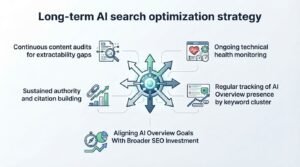 Infographic on long-term AI search optimization strategy, detailing continuous content audits for extractability gaps, ongoing technical health monitoring, regular tracking of AI overview presence by keyword cluster, aligning AI overview goals with broader SEO investment, and sustained authority and citation building.