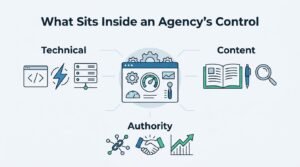 Infographic illustrating what sits inside an agency's control in SEO, highlighting technical factors, content creation, and authority building