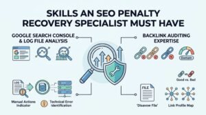 Infographic titled 'Skills an SEO Penalty Recovery Specialist Must Have' illustrating Google Search Console and log file analysis on the left—covering manual actions indicators and technical error identification—and backlink auditing expertise on the right—covering disavow files and link profile maps—surrounding a central magnifying glass and shield icon.
