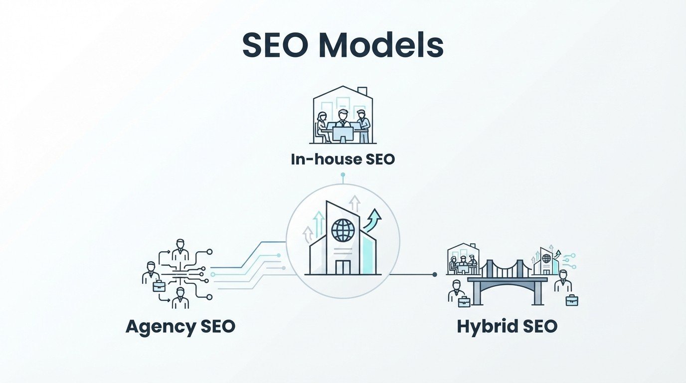 Infographic on SEO models, comparing in-house SEO, agency SEO, and hybrid SEO structures for digital marketing operations