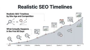 Infographic on realistic SEO timelines by site age and competition, illustrating what actually happens across the first 90 days, subsequent quarters, and year two of an optimization campaign
