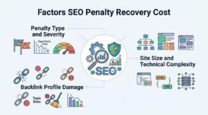 Infographic titled 'Factors SEO Penalty Recovery Cost' illustrating penalty type and severity on the top, backlink profile damage on the bottom left, and site size and technical complexity on the right, surrounding a central SEO and diagnostic gear graphic.