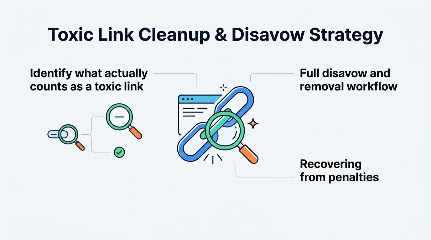 Infographic titled 'Toxic Link Cleanup & Disavow Strategy' illustrating how to identify what actually counts as a toxic link on the left, full disavow and removal workflows on the top right, and recovering from penalties on the bottom right, surrounding a central magnifying glass and link icon.