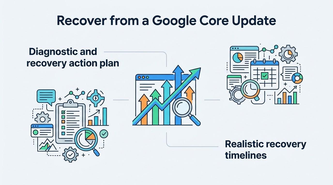 Infographic titled 'Recover from a Google Core Update' illustrating a diagnostic and recovery action plan on the left and realistic recovery timelines on the right, surrounding a central search window with rising trend arrows and a magnifying glass.