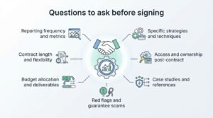 Infographic on questions to ask before signing an SEO contract, detailing reporting frequency and metrics, contract length and flexibility, budget allocation and deliverables, red flags and guarantee scams, case studies and references, access and ownership post-contract, and specific strategies and techniques