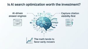 Infographic questioning whether AI search optimization is worth the investment, detailing AI-driven answer engines, capture citation visibility first, and how the math tends to favor early movers.