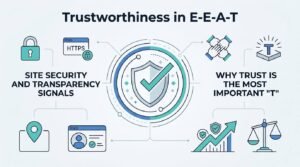 B2B technical educational infographic titled 'Trustworthiness in E-E-A-T' detailing site security and transparency signals on the left and why trust is the most important 'T' on the right, centered around a secure shield emblem and verification checkmark hub