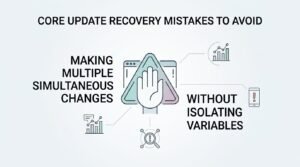 Infographic titled 'Core Update Recovery Mistakes to Avoid' illustrating making multiple simultaneous changes on the left and without isolating variables on the right, surrounding a central stop hand warning icon and analytics dashboard.
