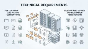 Infographic on technical requirements, detailing file location and naming conventions, and hosting and server configuration requirements.