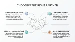 Infographic titled 'Choosing the Right Partner' centered on a geometric line-art handshake, outlining four key vendor evaluation criteria: partner transparency, strategy communication, measuring success, and reporting red flags