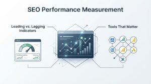 B2B technical educational infographic titled 'SEO Performance Measurement' detailing performance analytics across 'Leading vs. Lagging Indicators' on the left and an interconnected integration network of 'Tools That Matter' on the right, centered around a dark-themed analytics dashboard interface displaying illuminated trend lines and performance bars