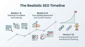 Infographic on the realistic SEO timeline, detailing months 1-3 for technical foundation and indexing, months 4-6 for early ranking movement and content traction, and months 7-12 for compounding growth and authority building.