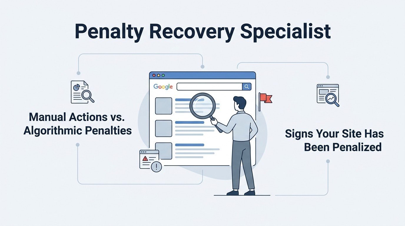 Infographic titled 'Penalty Recovery Specialist' illustrating manual actions versus algorithmic penalties on the left and signs your site has been penalized on the right, surrounding a central search browser window and a specialist analyzing search results.