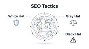 Infographic on SEO tactics categorized into white hat, gray hat, and black hat strategies around a global network graphic