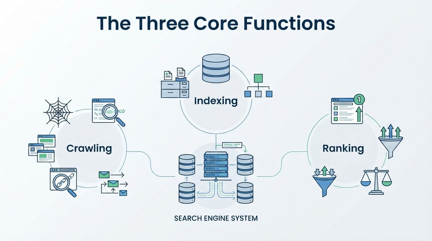 B2B technical educational infographic titled 'The Three Core Functions' mapping out Crawling, Indexing, and Ranking connected to a central Search Engine System database and server architecture
