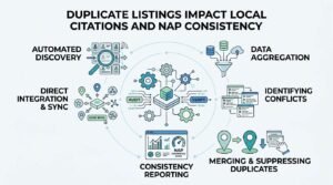 Infographic titled 'Duplicate Listings Impact Local Citations and NAP Consistency' illustrating automated discovery, data aggregation, identifying conflicts, merging and suppressing duplicates, consistency reporting, and direct integration and sync around a central audit and verify mechanism.