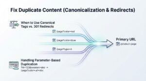 Infographic titled 'Fix Duplicate Content (Canonicalization & Redirects)' illustrating when to use canonical tags versus 301 redirects on the top left, multiple parameterized URLs converging into a single primary product URL in the center, and handling parameter-based duplication on the bottom left.