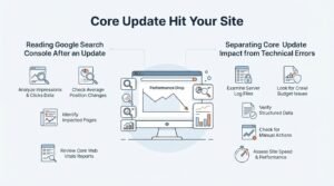 Infographic titled 'Core Update Hit Your Site' illustrating reading Google Search Console after an update on the left-covering impressions, clicks, average position changes, impacted pages, and Core Web Vitals—and separating core update impact from technical errors on the right—covering server log files, crawl budget, structured data, manual actions, and site speed-surrounding a central performance drop analytics screen.