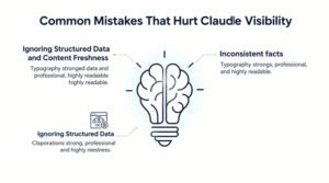 Infographic on common mistakes that hurt Claude visibility, detailing ignoring structured data and content freshness, inconsistent facts, and ignoring structured data.
