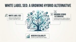 Infographic on white label SEO as a growing hybrid alternative, detailing white label services provided under an agency brand, a growing hybrid alternative combining internal teams and external expertise, and modern scalability for business growth