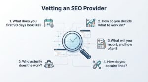 B2B procurement infographic titled 'Vetting an SEO Provider' outlining five critical agency evaluation questions