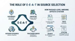 Infographic on the role of E-E-A-T in source selection, detailing experience, expertise, authoritativeness, and trustworthiness, alongside how passage-level indexing affects citation through crawling specific paragraphs, indexing excerpts, searching relevant content, and linking directly to a specific passage.