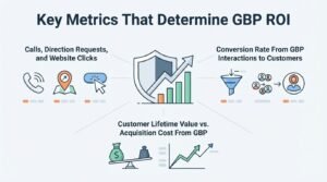 Infographic titled 'Key Metrics That Determine GBP ROI' illustrating three core performance measures: calls, direction requests, and website clicks on the left, conversion rate from GBP interactions to customers on the right, and customer lifetime value versus acquisition cost from GBP at the bottom, surrounding a central growth chart and shield icon.