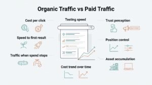 B2B digital marketing infographic titled 'Organic Traffic vs Paid Traffic' comparing search performance attributes-cost per click, speed to result, post-spend traffic retention, testing agility, trust perception, position control, asset accumulation, and long-term cost trends-around a central search engine results page layout