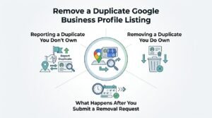 Infographic titled 'Remove a Duplicate Google Business Profile Listing' illustrating reporting a duplicate you don't own on the left, removing a duplicate you do own on the right, and what happens after you submit a removal request at the bottom.