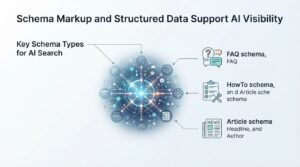 Infographic on schema markup and structured data support AI visibility, detailing key schema types for AI search, including FAQ schema, HowTo schema, and article schema with headline and author.