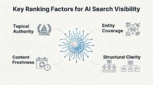 Infographic on key ranking factors for AI search visibility, detailing topical authority, entity coverage, content freshness, and structural clarity