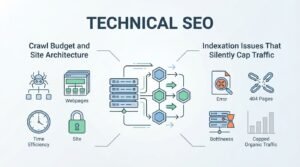 B2B technical educational infographic titled 'TECHNICAL SEO' comparing 'Crawl Budget and Site Architecture' on the left with 'Indexation Issues That Silently Cap Traffic' on the right, centered around a server rack routing data into interconnected hexagonal network nodes